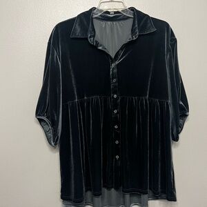 Blue Velvet Tiered Button-Up Swing Tunic Button Down Blouse Size XL